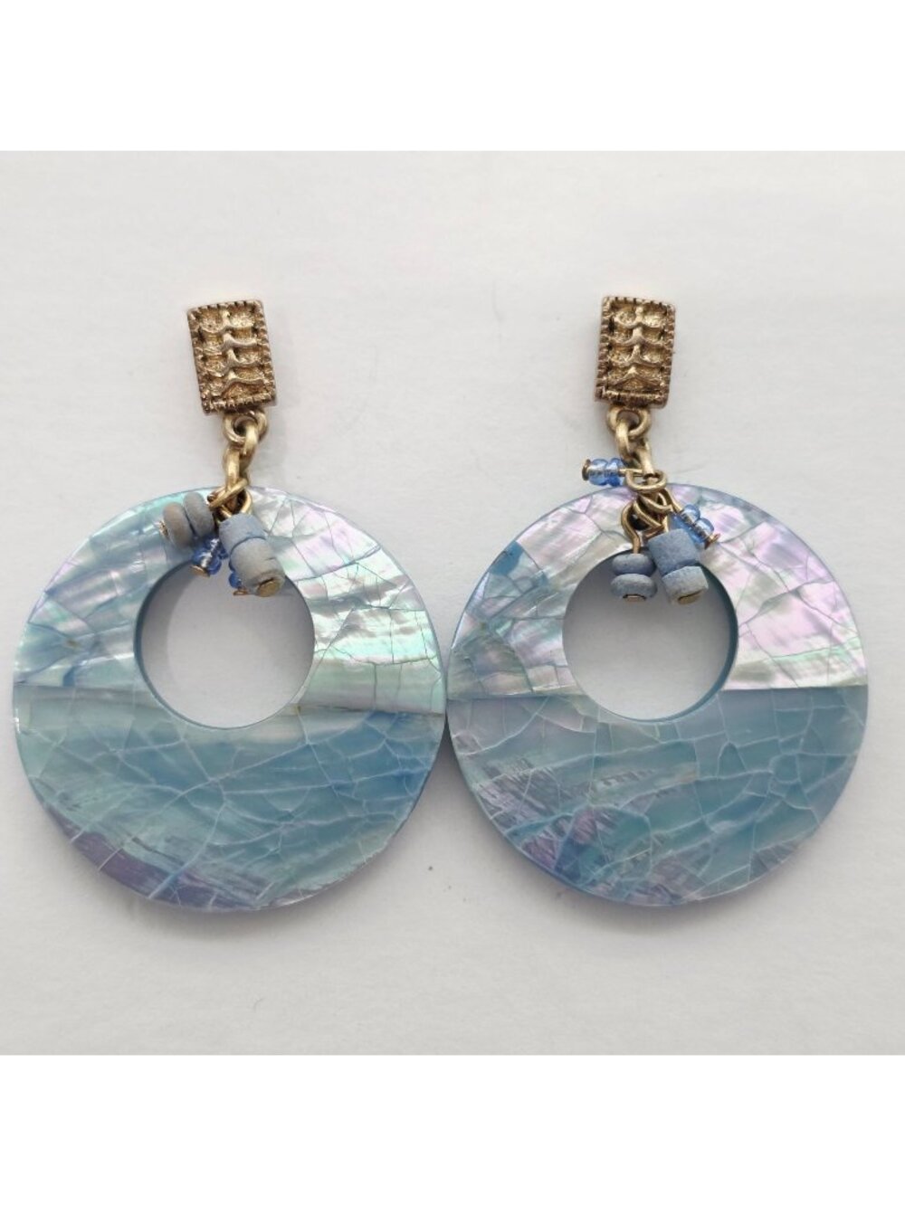 Mother-Of-Pearl on Acrylic Hoop Earrings Gold-Tone Accents & Bead Details VTG